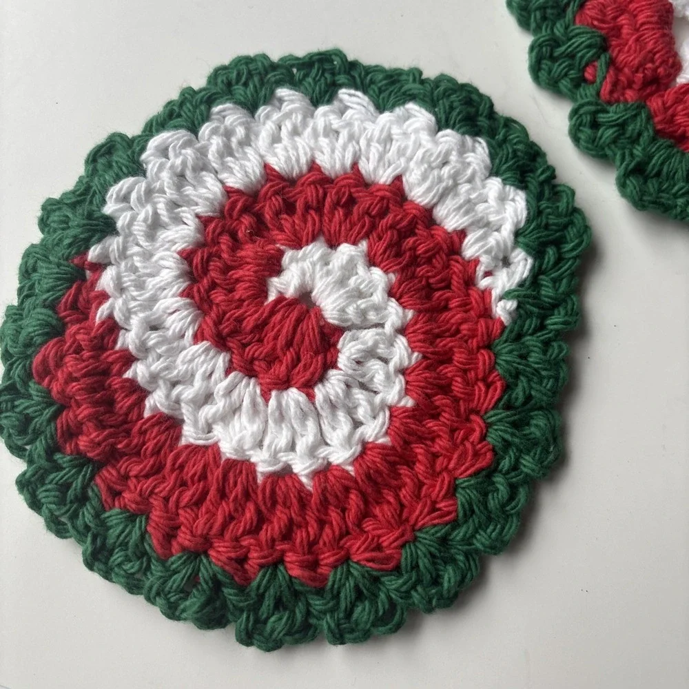 Set of 3 Handmade Crochet Christmas Coasters Peppermint Candy Cane Spiral